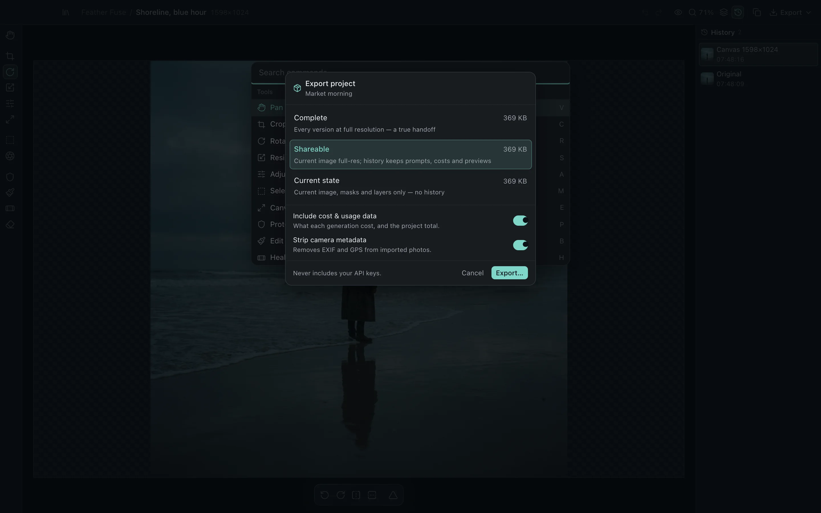 The Feathergrade command palette open over the editor, listing keyboard-driven actions.