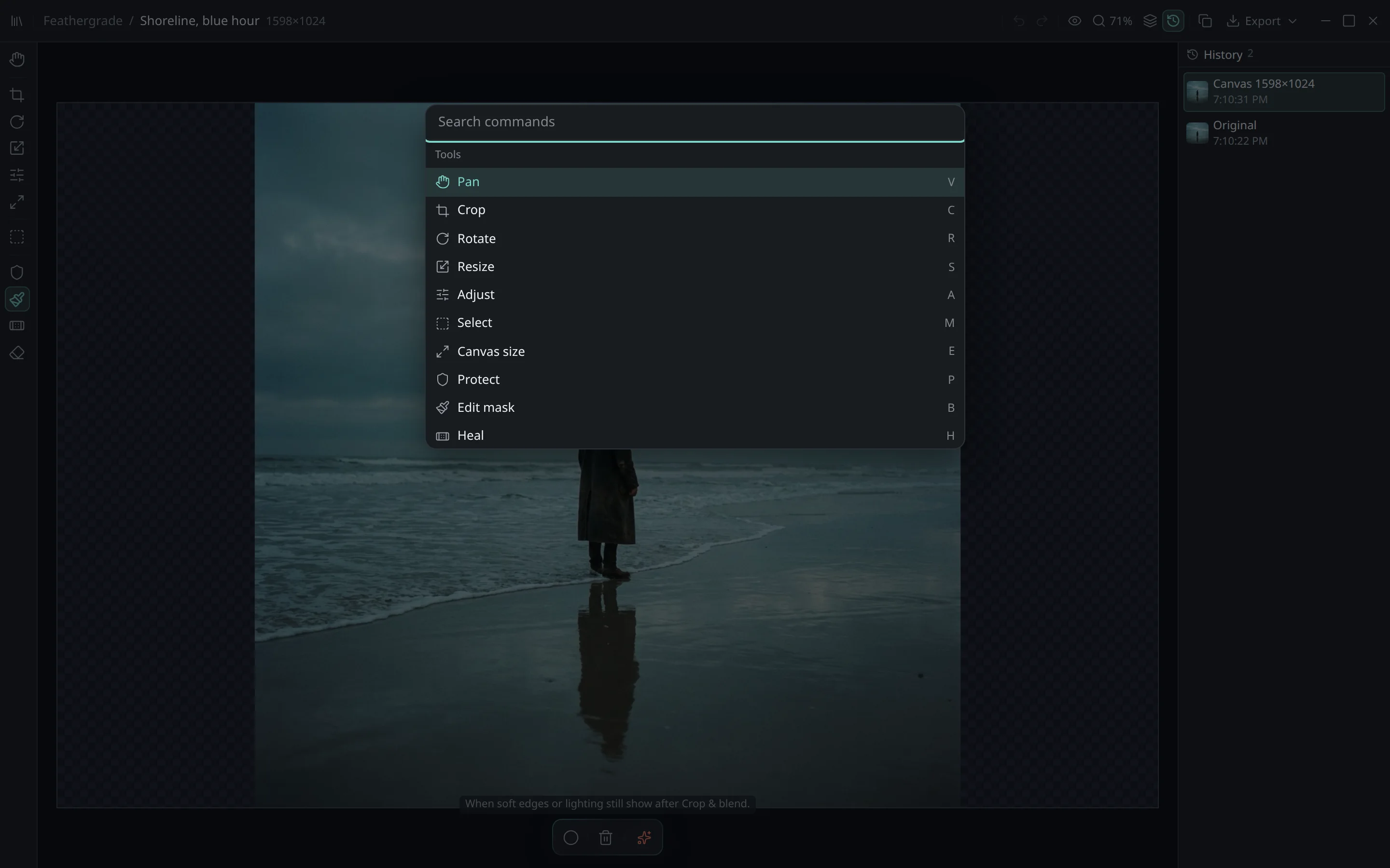 The Feathergrade command palette open over the editor, listing keyboard-driven actions.