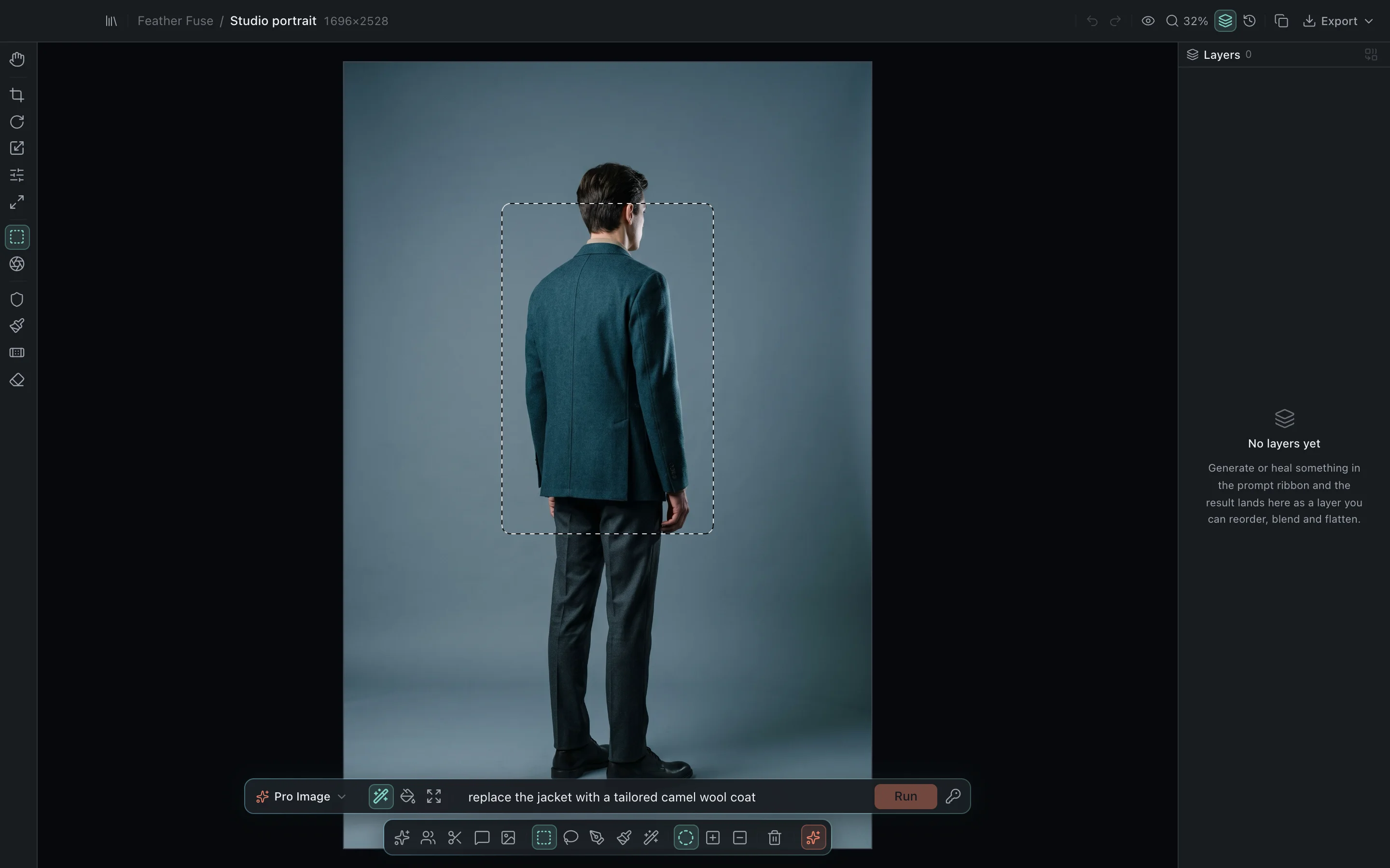 The Feathergrade editor with a studio portrait open: a real selection drawn around the subject's jacket, the AI prompt bar reading 'replace the jacket with a tailored camel wool coat', the model picker set to Pro Image and an enabled Run button.
