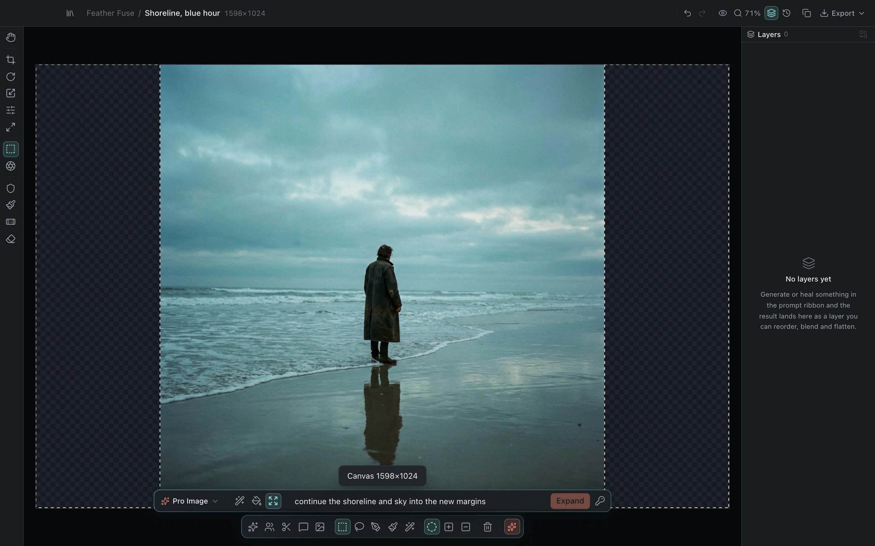 The Feathergrade editor after a real canvas expand on a shoreline photograph: new transparent margins added on both sides, a selection covering exactly those margins, and the prompt 'continue the shoreline and sky into the new margins' with the Expand button enabled.