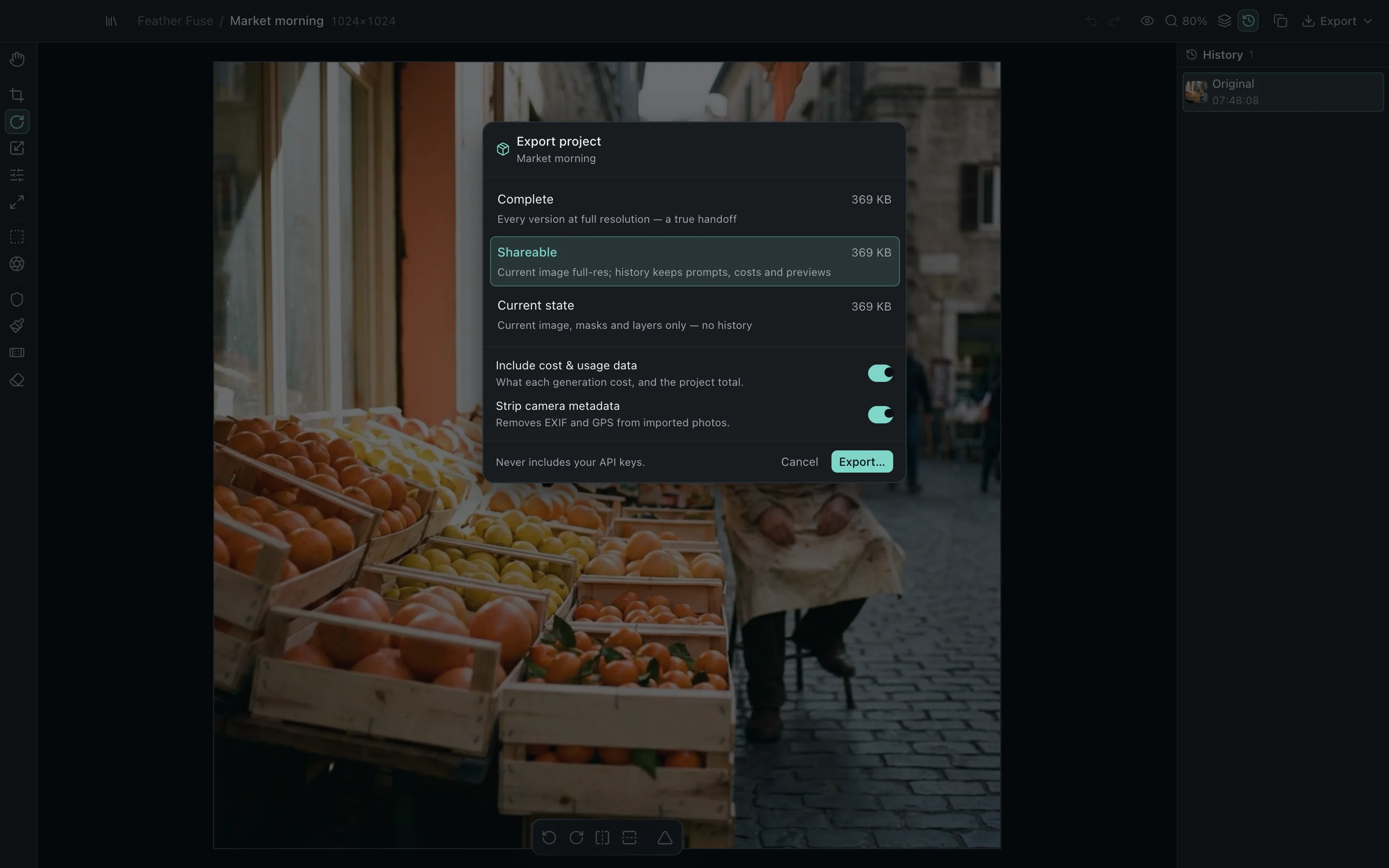 The Feathergrade export dialog, offering PNG, JPEG and WebP with quality and AI-enhance options.