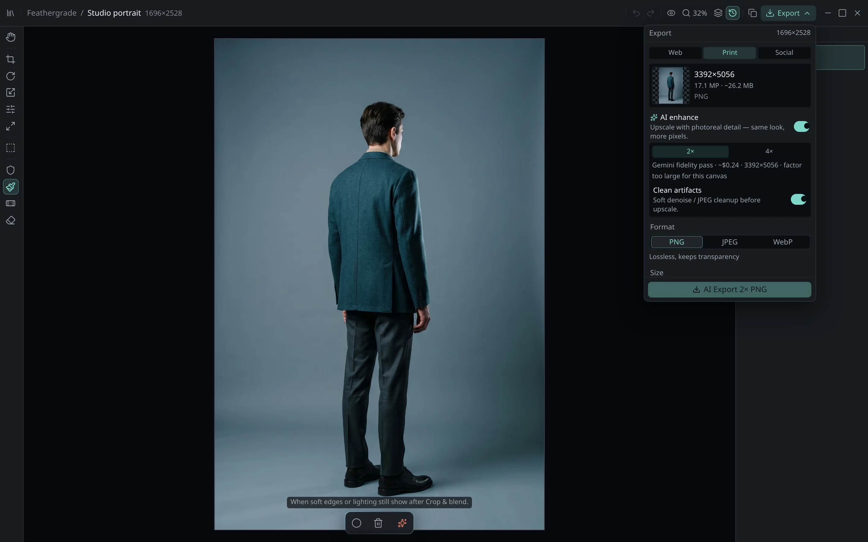 The Feathergrade export dialog, offering PNG, JPEG and WebP with quality and AI-enhance options.