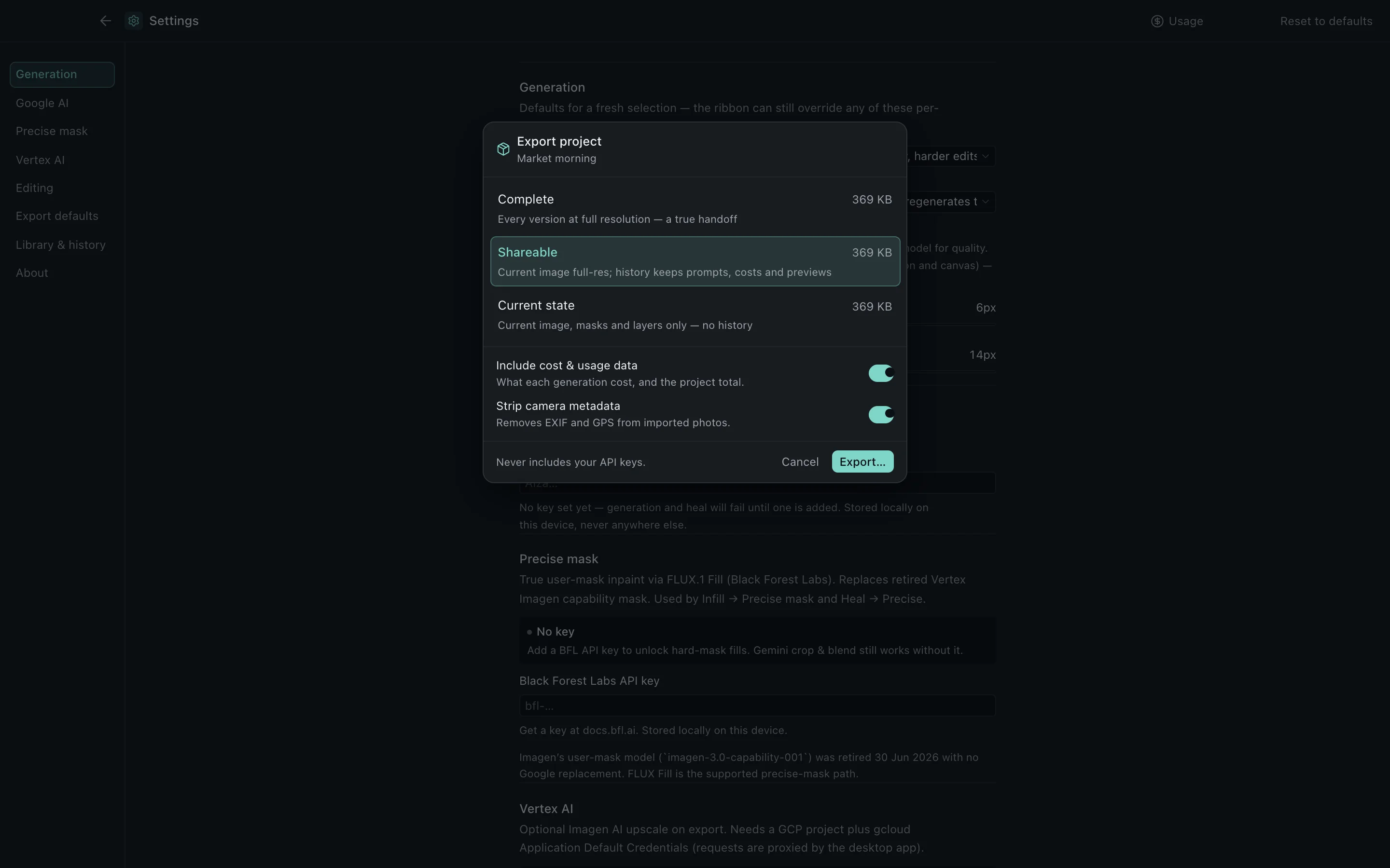 Feathergrade settings, where the Gemini API key, default model, mask defaults and export defaults are configured.