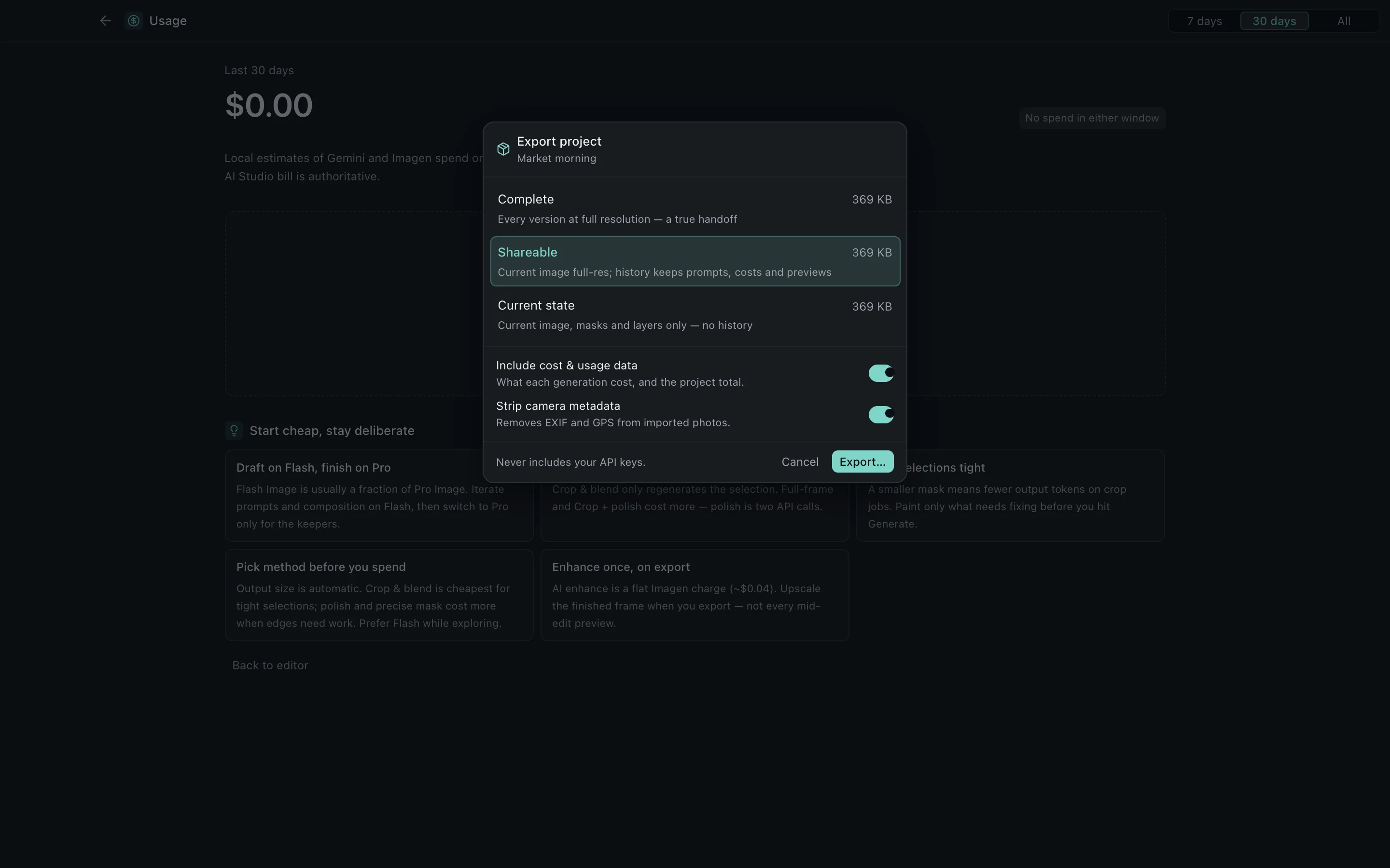Feathergrade Settings → Usage, showing local estimates of generation spend against the user's own API key.